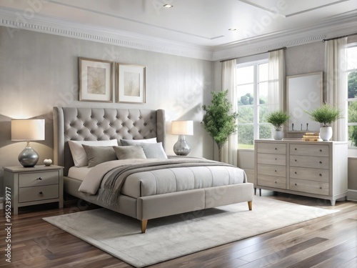 Elegant modern bedroom set features a stylish upholstered headboard, nightstands, and dresser in a soothing light gray