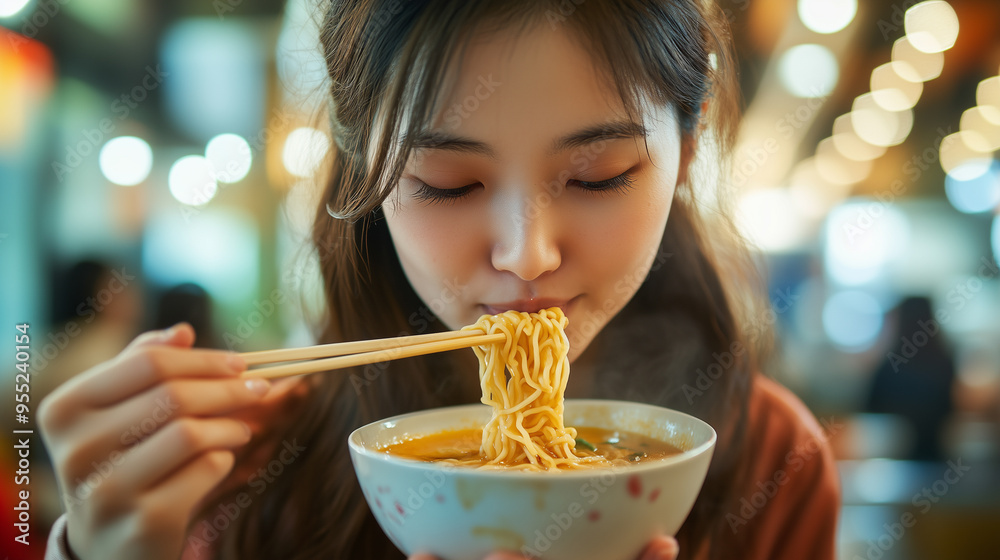 Young asian girl eats ramen noodles with chopsticks Young asian girl eats ramen noodles with chopsticks