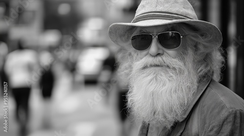 A man with a white hat and sunglasses stands in front of a crowd of people. The man has a beard and a long white beard