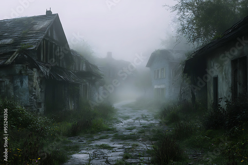 A misty, abandoned village with dilapidated houses and overgrown paths. photo