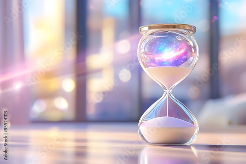 3D render of an hourglass with a holographic galaxy inside, set against a background photo