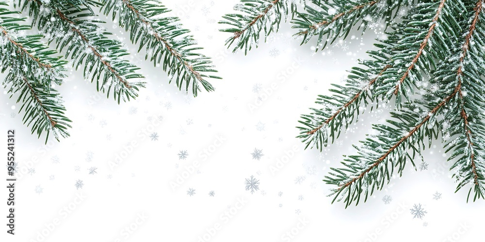 Green pine branches with snowflakes on a white background. Green pine branches with snowflakes on a white background.