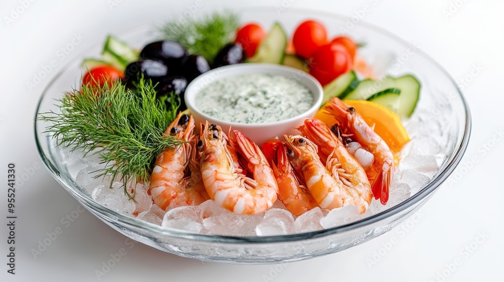 Shrimp, cucumber, tomato, and dill on ice with sauce. Shrimp, cucumber, tomato, and dill on ice with sauce.