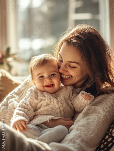 Heartwarming Moment of Mother and Baby Sharing Laughter in Bright Living Room