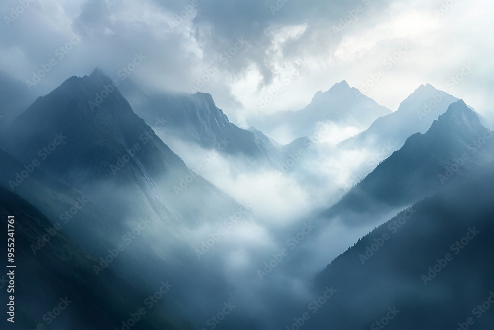 Obraz premium Misty Mountain Landscape Dramatic Cloudy Sky