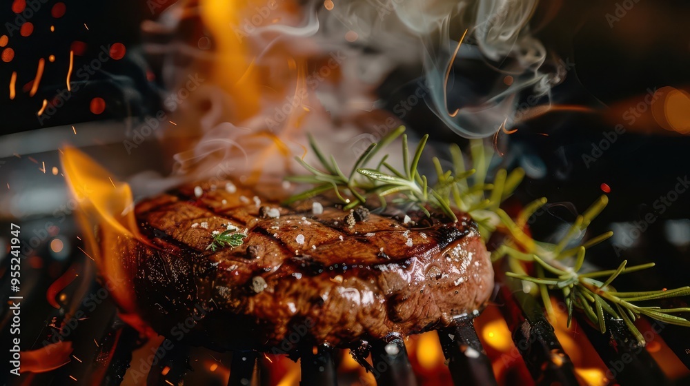 succulent steak sizzling on open flame tendrils of aromatic smoke curling upwards rich marbling glistening in warm amber light succulent steak sizzling on open flame tendrils of aromatic smoke curling upwards rich marbling glistening in warm amber light