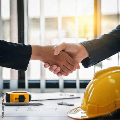 yellow safety helmet on workplace desk with construction worker team hands shaking greeting start up plan new project contract in office center at construction site, partnership and contractor concept