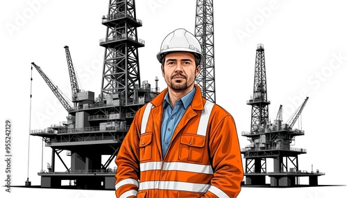 there is a man in an orange jacket and hard hat standing in front of an oil rig. photo