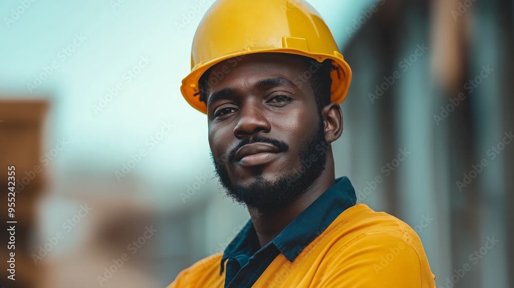 A man wearing a yellow hard hat and a blue shirt is standing in front of a building. He is smiling and looking directly at the camera A man wearing a yellow hard hat and a blue shirt is standing in front of a building. He is smiling and looking directly at the camera