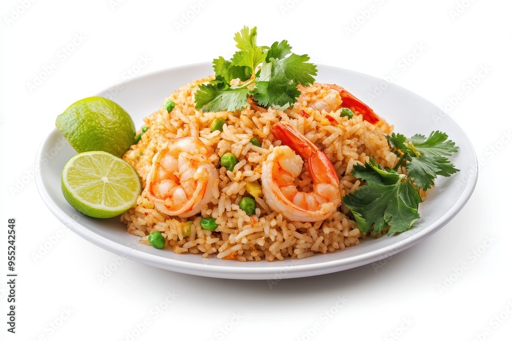 Delicious Thai Fried Rice with Shrimp, Cilantro, and Lime on Plate Against White Background Delicious Thai Fried Rice with Shrimp, Cilantro, and Lime on Plate Against White Background