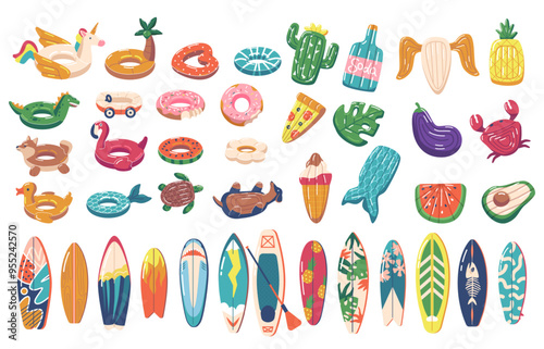 Collection Of Swimming Mattresses And Surfboards Perfect For Summer Beach Activities And Water Adventures, Vector Set