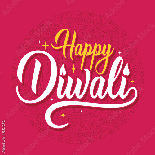 Hand drawn lettering Diwali greeting card on pink mandala background. Indian traditional light festival celebration poster, banner, template design. Diwali colorful typography and calligraphy