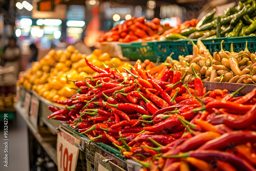 Portrait mode of chilies or cabai rawit placed on a stall in a grocery market. Pattern texture background.