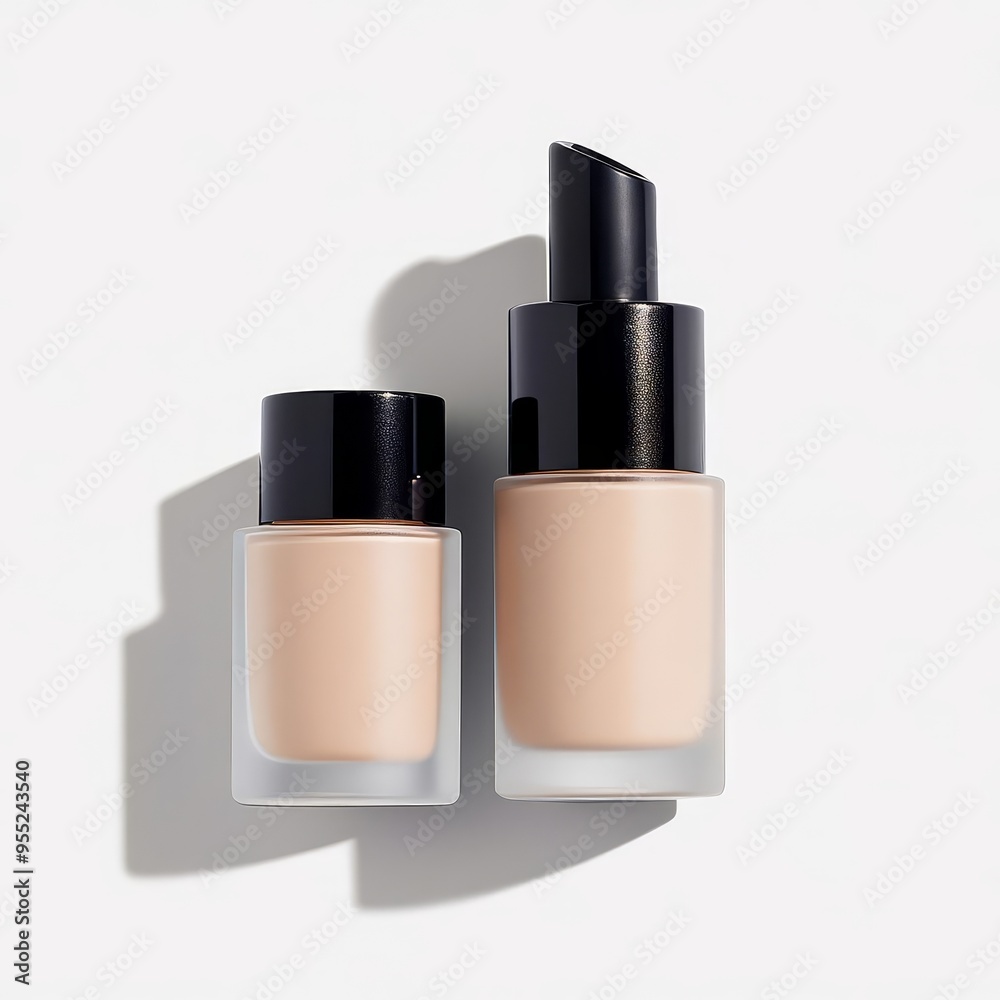 Liquid foundation pump mockup, frosted glass bottle, soft beige tone, sleek black cap, ultra-clear focus, warm lighting, isolated on white background, no shadows on background Liquid foundation pump mockup, frosted glass bottle, soft beige tone, sleek black cap, ultra-clear focus, warm lighting, isolated on white background, no shadows on background