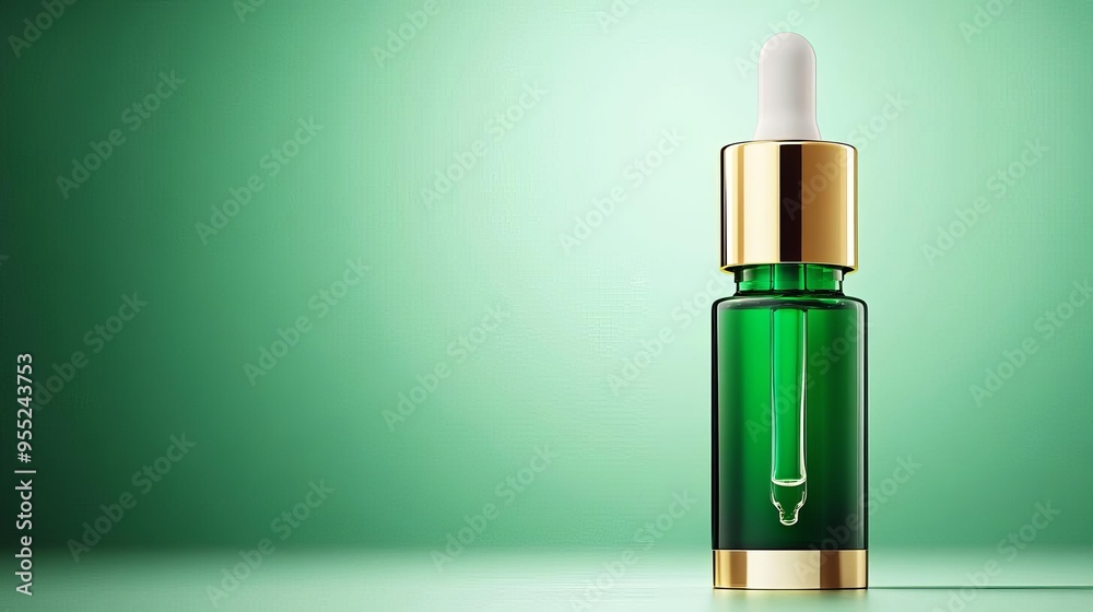 Green glass dropper bottle with gold cap on green background. Green glass dropper bottle with gold cap on green background.