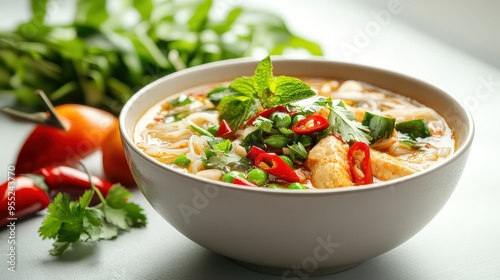 Delightful Thai Rice Noodle Soup with Fresh Vegetables and Herbs on White Background