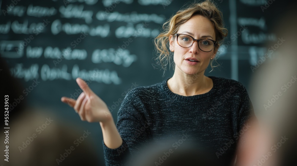 A teacher stands in front of a chalkboard, passionately explaining a concept to her students, embodying dedication and commitment to education and the learning process. A teacher stands in front of a chalkboard, passionately explaining a concept to her students, embodying dedication and commitment to education and the learning process.