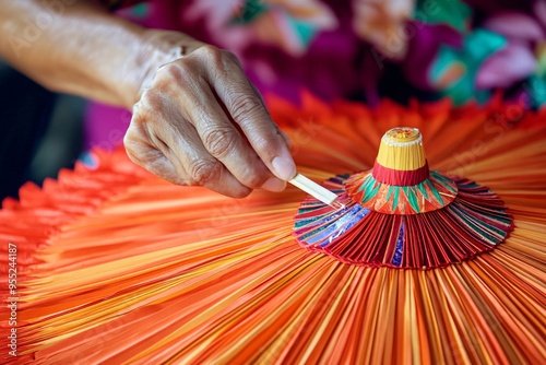 Closeup of Hand Making Colorful Paper Umbrella photo