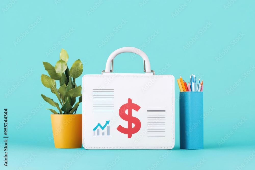 A sleek briefcase with financial graphics, a plant, and stationery, ideal for business and finance themes. A sleek briefcase with financial graphics, a plant, and stationery, ideal for business and finance themes.
