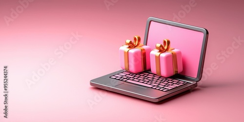 A modern laptop displaying gift boxes, symbolizing online shopping and special occasions. A vibrant pink background enhances the scene. photo