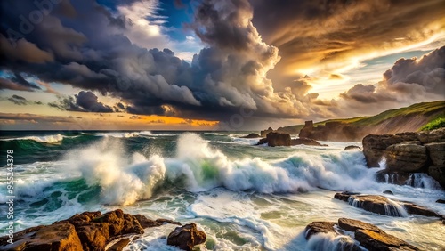 Dramatic coastal scene in a cove with powerful waves crashing against rocks and stunning cloudy sunset 