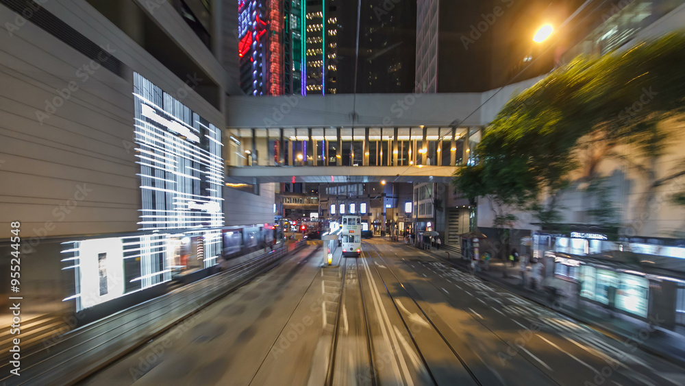 Fototapeta premium View from double-decker tram on street of HK timelapse hyperlapse.