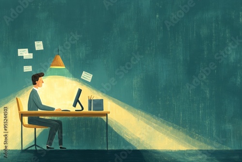 Homme assis qui travaille au bureau tard le soir - illustration douce  photo