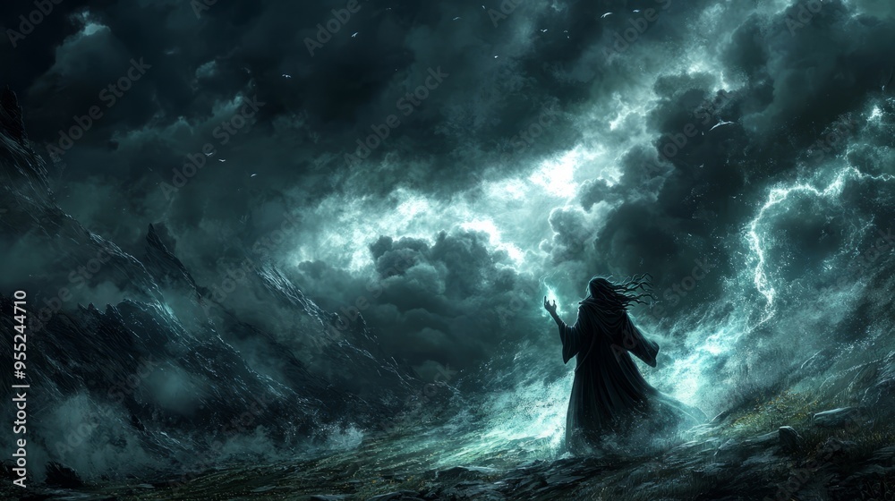 Fototapeta premium Dark Magic Unleashed: Sorcerer Conjures a Stormy Fury