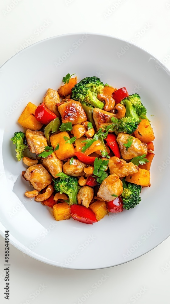 Colorful Thai Cashew Chicken Stir-Fry with Fresh Vegetables on White Plate and Background Colorful Thai Cashew Chicken Stir-Fry with Fresh Vegetables on White Plate and Background