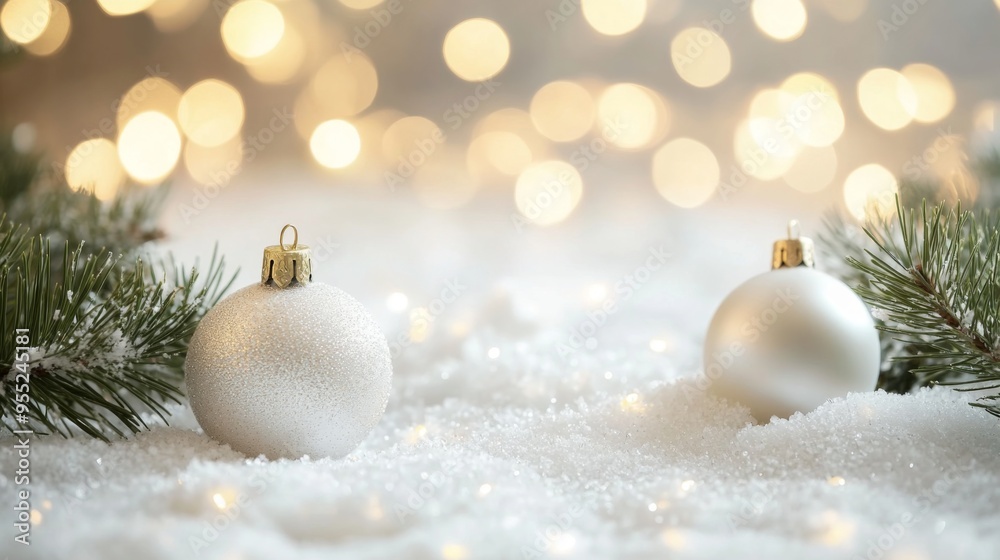 Christmas white decorations on snow with fir tree branches and christmas lights. Winter Decoration Background Christmas white decorations on snow with fir tree branches and christmas lights. Winter Decoration Background