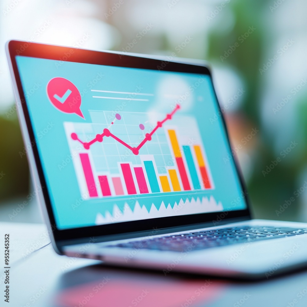 Colorful data visualization on a laptop screen, showcasing graphs and metrics for effective business analysis. Colorful data visualization on a laptop screen, showcasing graphs and metrics for effective business analysis.