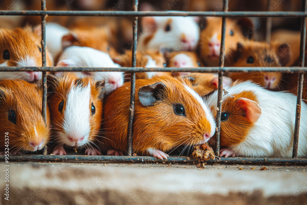 Fototapeta premium Brown and white guinea pig are eating in a cage. Photo in portrait mode.