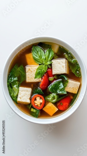 Delicious Thai Herbal Tofu Soup (Tom Jued) with Fresh Vegetables on White Background photo