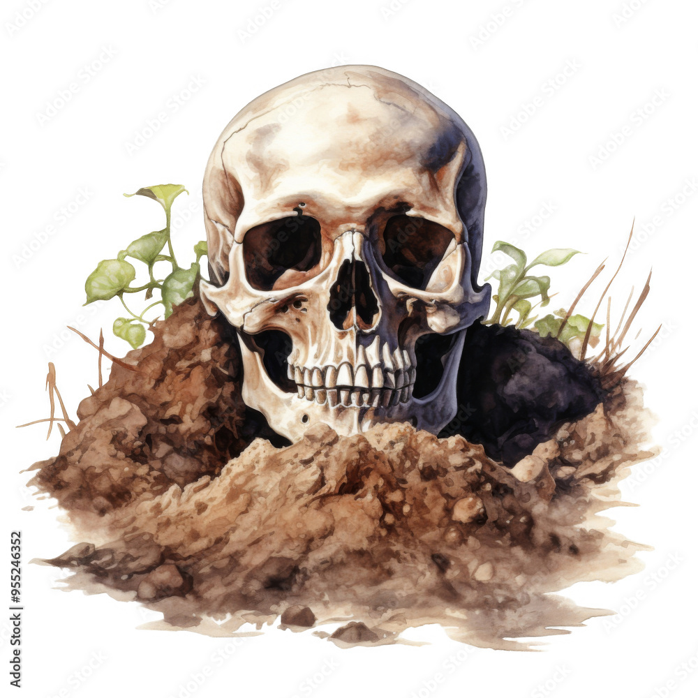 A Human Skull Partially Submerged in Earth with Small Plants Emerging From the Soil A Human Skull Partially Submerged in Earth with Small Plants Emerging From the Soil