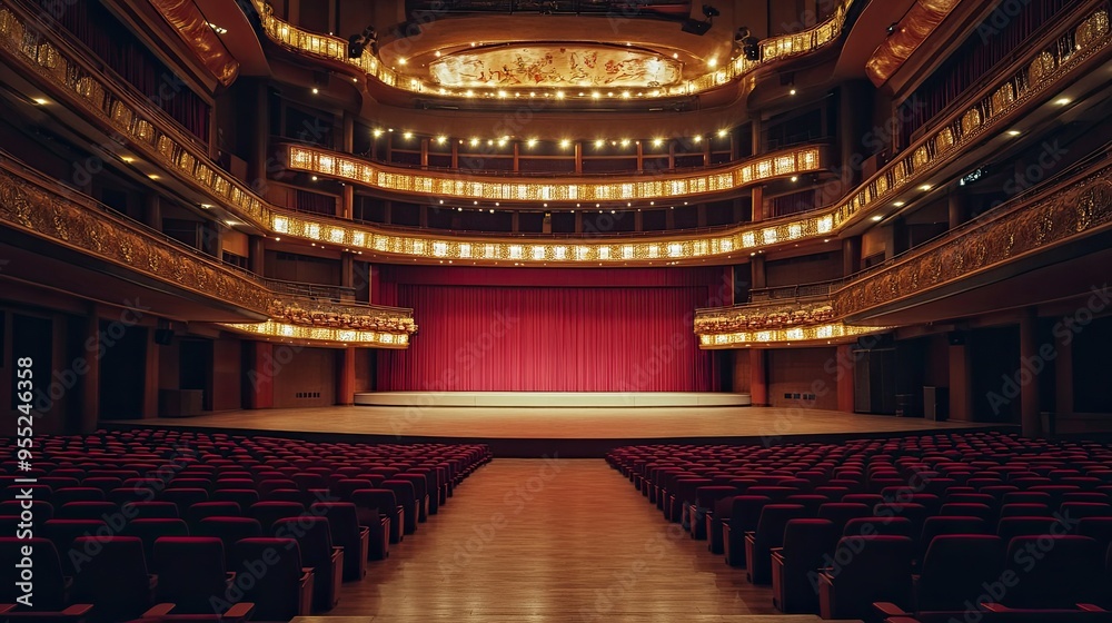 Obraz premium An empty Chinese opera house, with no performers or audience, just the grand stage and empty seats.