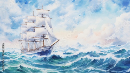 Vintage sailing ship in a dramatic stormy sea, captured in a stunning watercolor panorama painting