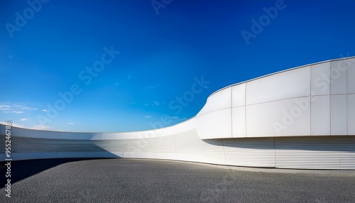 minimalist, modern architectural scene with a simple curved wall on the right side of an empty space, creating sharp lines and geometric shapes in white against a blue sky background. The focus is on 