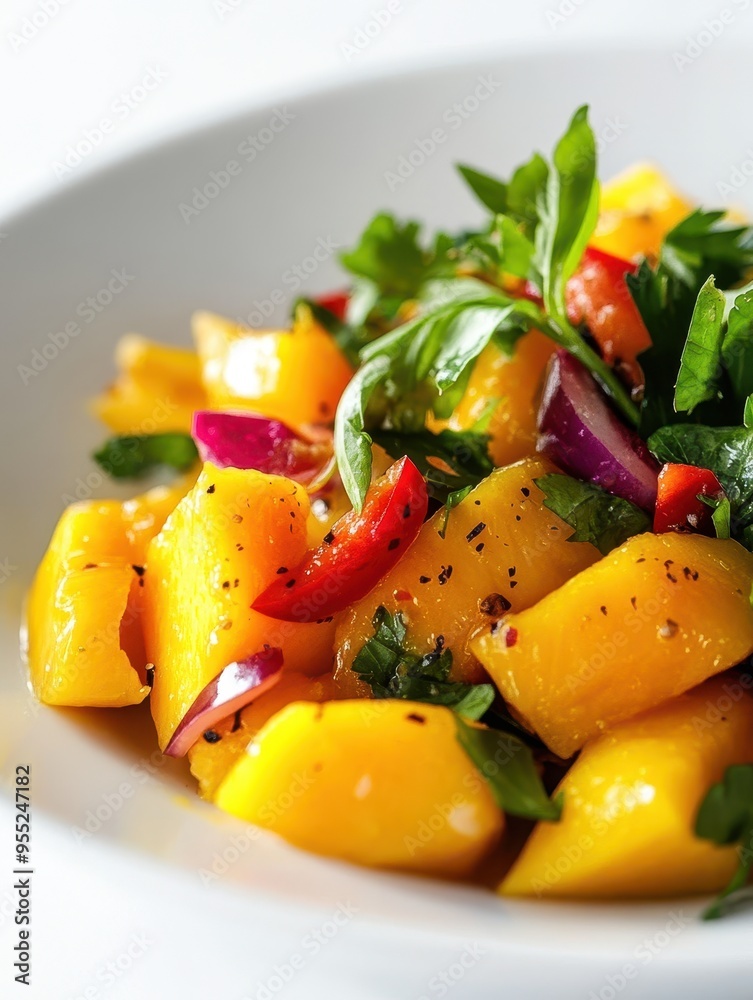 Fresh Thai Mango Salad with Herbs on a White Plate - Vibrant and Delicious Culinary Delight Fresh Thai Mango Salad with Herbs on a White Plate - Vibrant and Delicious Culinary Delight
