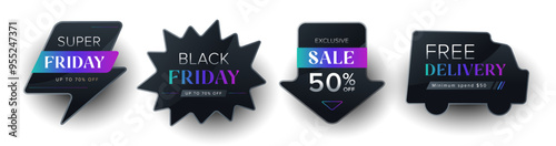 Black Friday sale label collection. Modern neon promotion price tag set. Vector illustration.