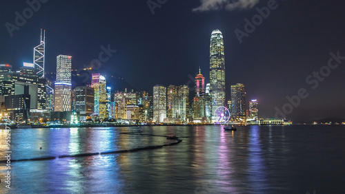 Photography Hong Kong, China skyline panorama with skyscrapers at night from across Victoria Harbor timelapse