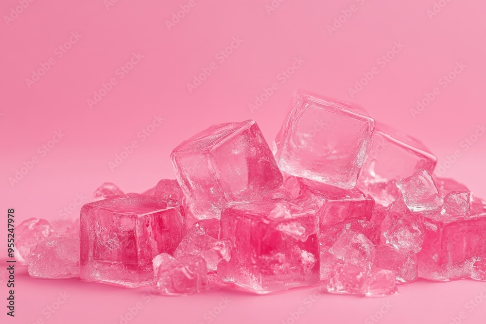 A selection of rosy ice cubes rests on a fuchsia surface near a mound of additional rosy ice fragments A selection of rosy ice cubes rests on a fuchsia surface near a mound of additional rosy ice fragments