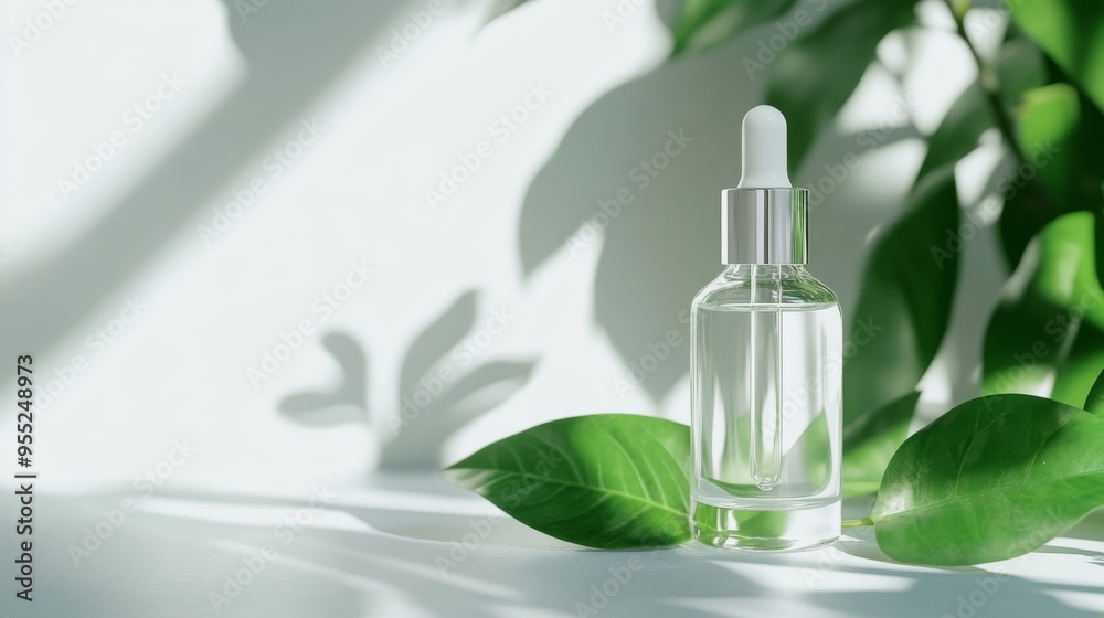 Clear glass dropper bottle over fresh green leaves on a white surface in natural light during the day, with copy space Clear glass dropper bottle over fresh green leaves on a white surface in natural light during the day, with copy space