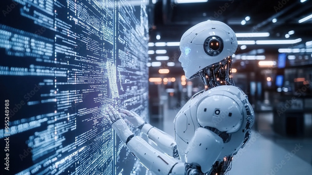 AI humanoid like robot looking at computer code floating in the air in a state of the art lab in the future AI humanoid like robot looking at computer code floating in the air in a state of the art lab in the future