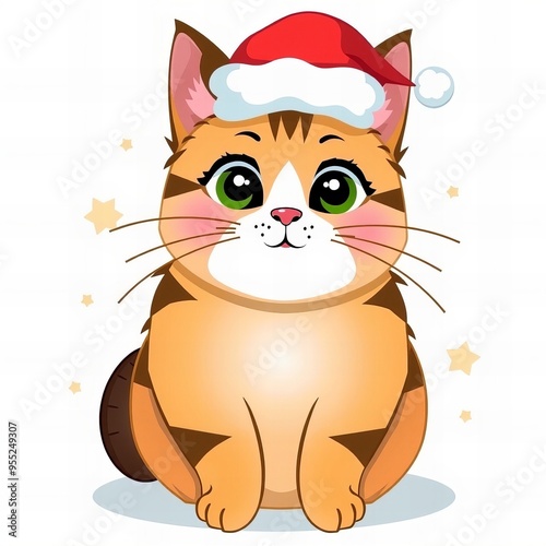 cartoon cat with santa hat sitting on the floor.