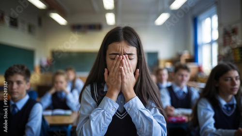 A scared student girl in a classroom with other students in class. Social anxiety disorder. social phobia. a person with fear of being watched and judged by others.	 photo