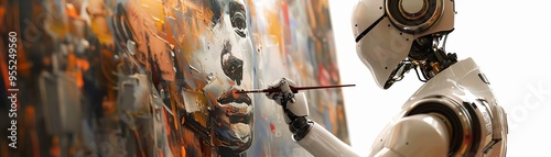 A robot painting a human face on a canvas, highlighting creativity in artificial intelligence