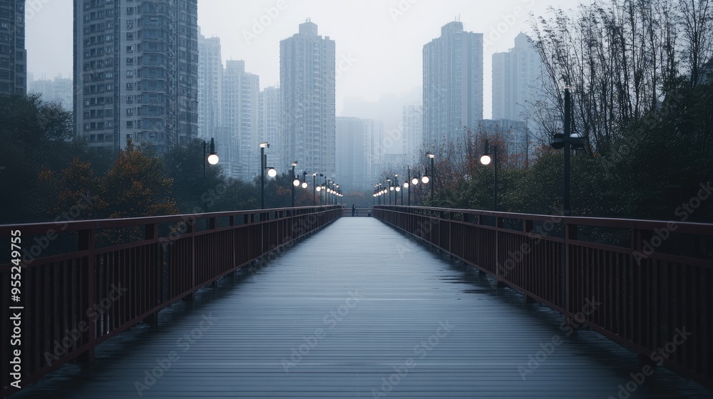 An empty pedestrian bridge in a Chinese city, with no one crossing and the urban skyline in the background.