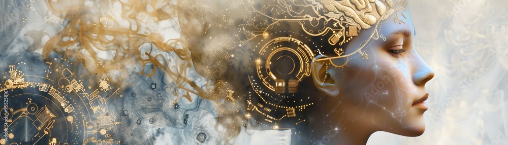 A stylized profile of a head with intricate brain circuitry and mechanical elements