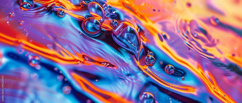 Abstract colorful liquid with glowing droplets Abstract colorful liquid with glowing droplets