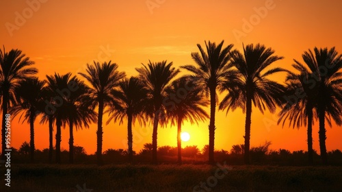 A date palm grove at sunset  with the trees silhouetted against a vibrant orange sky.